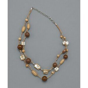 Boho Double Strand Wooden Bead & Shell Necklace - Adjustable 19" Beach Chic